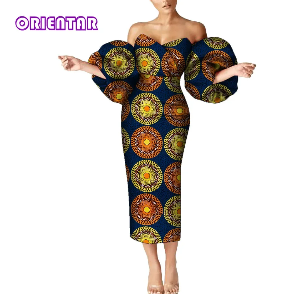 Sukienki afrykańskie dla kobiet afrykańska woskowana tkanina drukuj Off Shoulder bufiaste rękawy Maxi sukienka moda Ankara Midi sukienka Vestidos 6XL WY9257