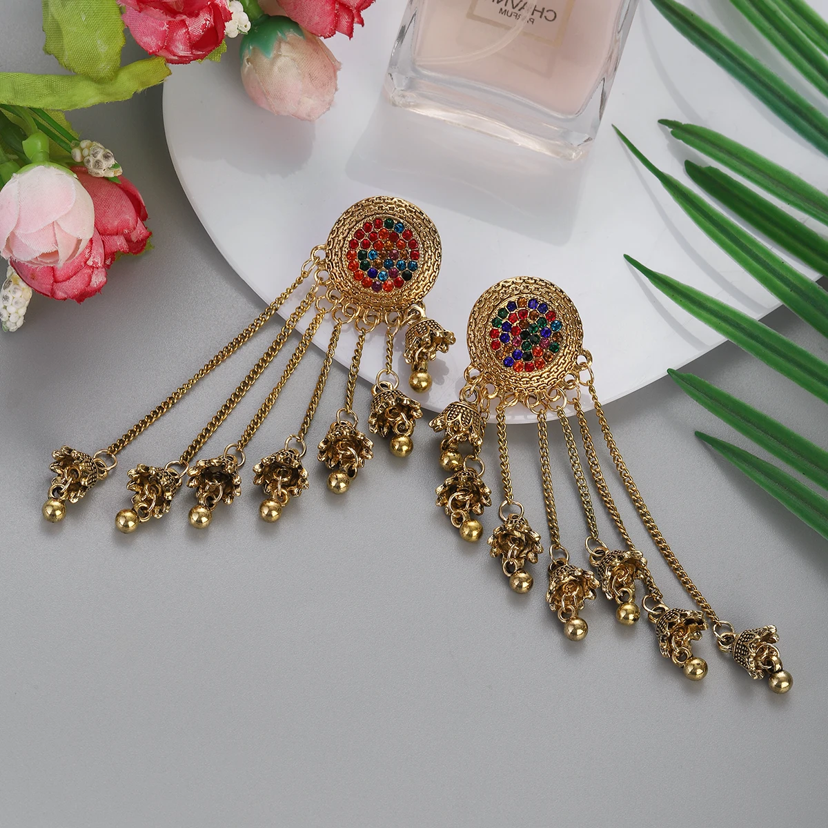 2024 Retro Long Tassel Earrings Women Gold Color Female Round Crystal Chain Bell Drop Earrings Indian Jewelry Accessories Gift