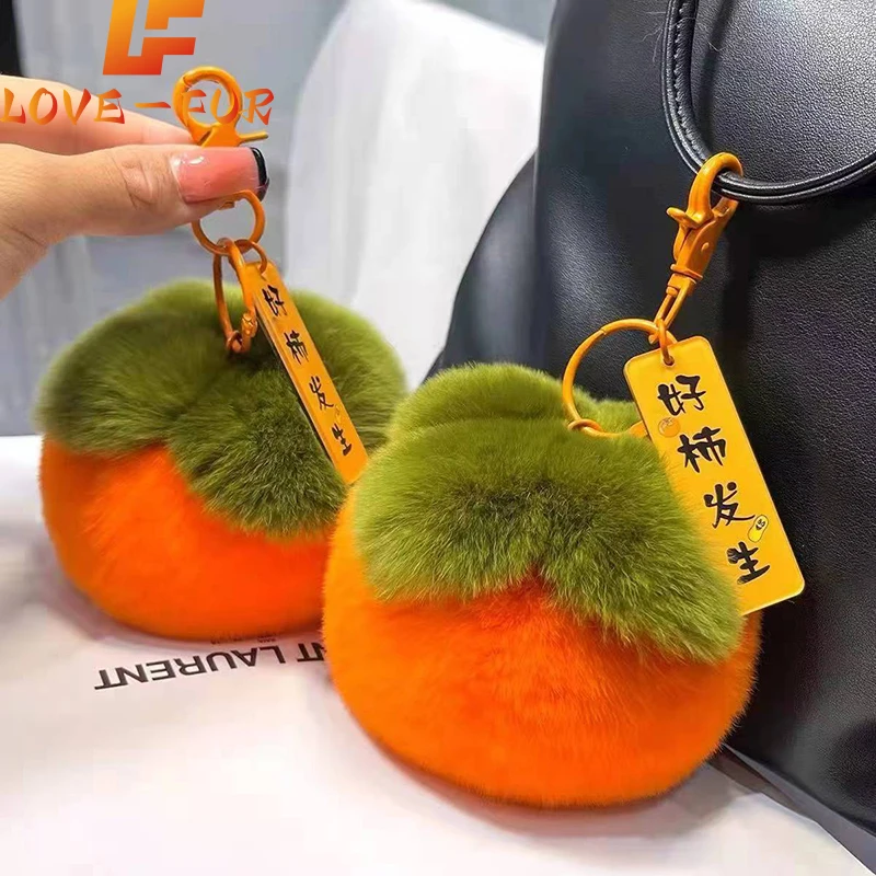 

2024 Real Rabbit Hair Mini Cute Small Persimmon Keychains Women Plush Rex Rabbit Fur Car Key Chain Bag Decoration Pendant Gift