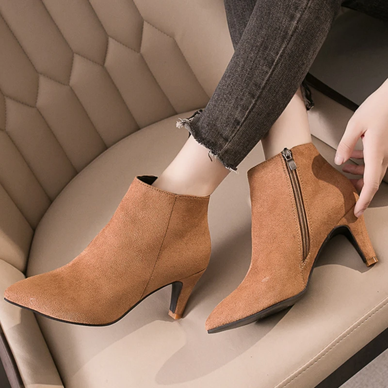 Boots Women Autumn Ankle Boots Sexy Flock High Heels Woman Shoes Zipper Leopard Short Winter Boots Female Adult Shoes Ladies