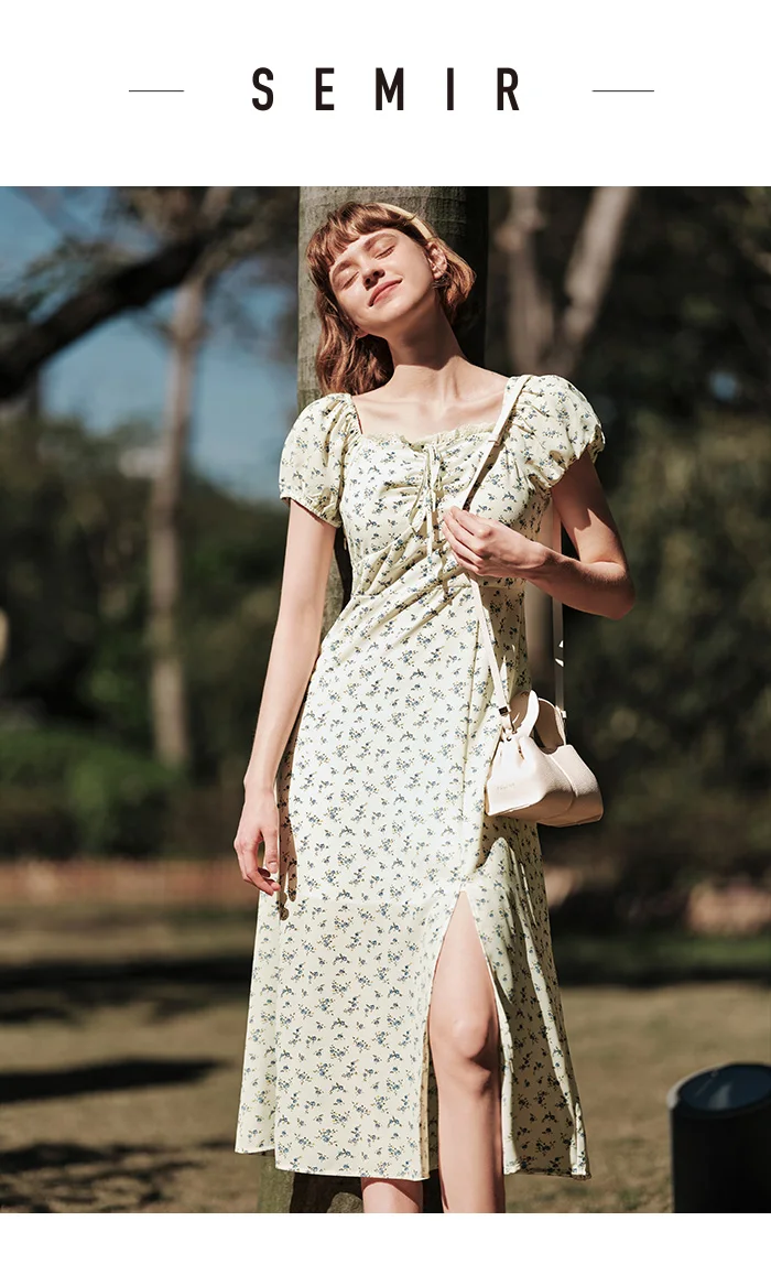 Dress Women Split Bubble Sleeve Medium Long Dress Summer New Square Neck Chiffon Floral Dress Romantic Elegant