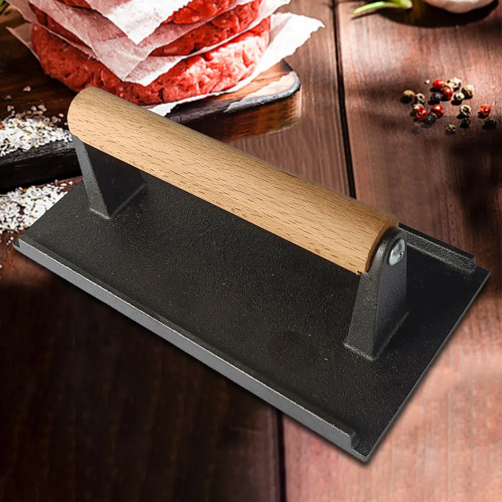Cast Iron Burger Smasher Ergonomic Rectangle Hamburger Press with Wood Handle Thickened for Griddle Sandwich Nonstick Pan