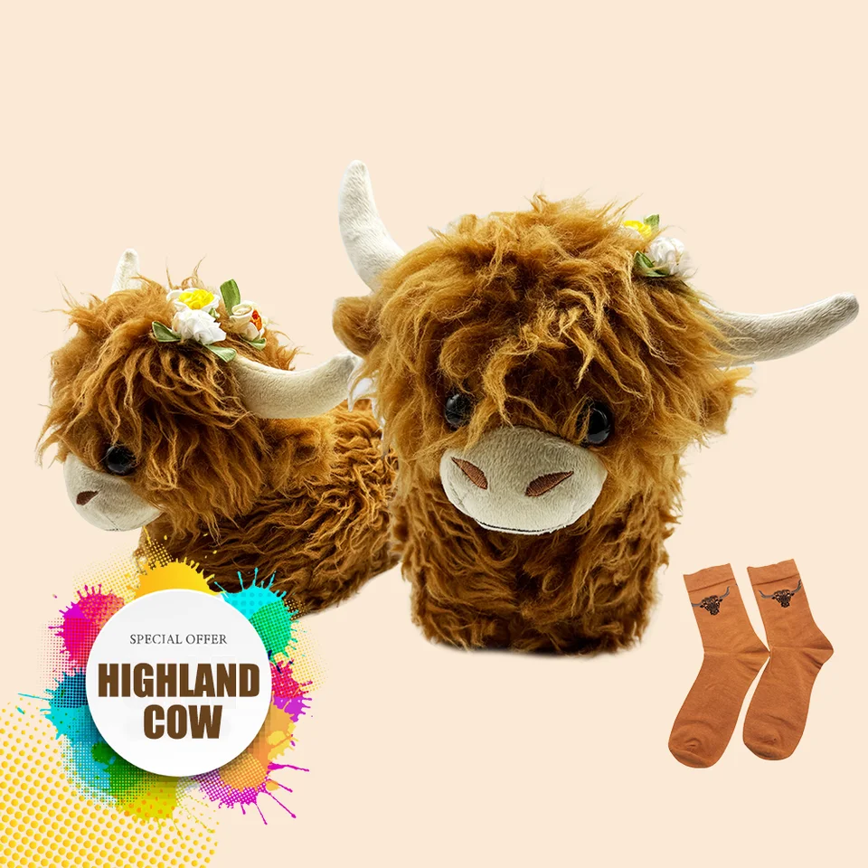 Highland Cow Slippers For Men & Women - Fuzzy Plush Animal House Slippers With Anti-Slip Soles, Warm & Cozy