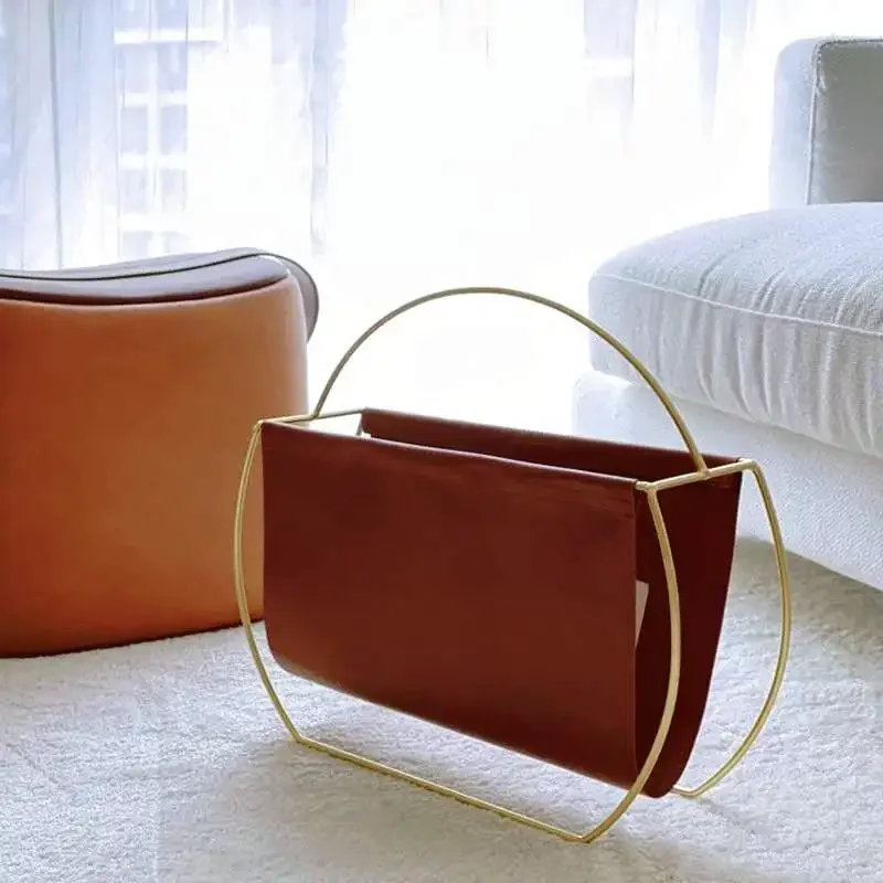 Round Leather Magazine Rack, Creative Metal Tabletop Book Holder, Stylish Office Desk File Organizer, Home Decor