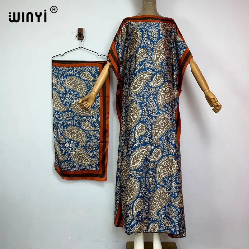 

WINYI Summer Africa fashion print Dashiki kuwait Abaya Kaftan Elegant Lady Maxi Casual Dresses with belt Bohemian silk dress