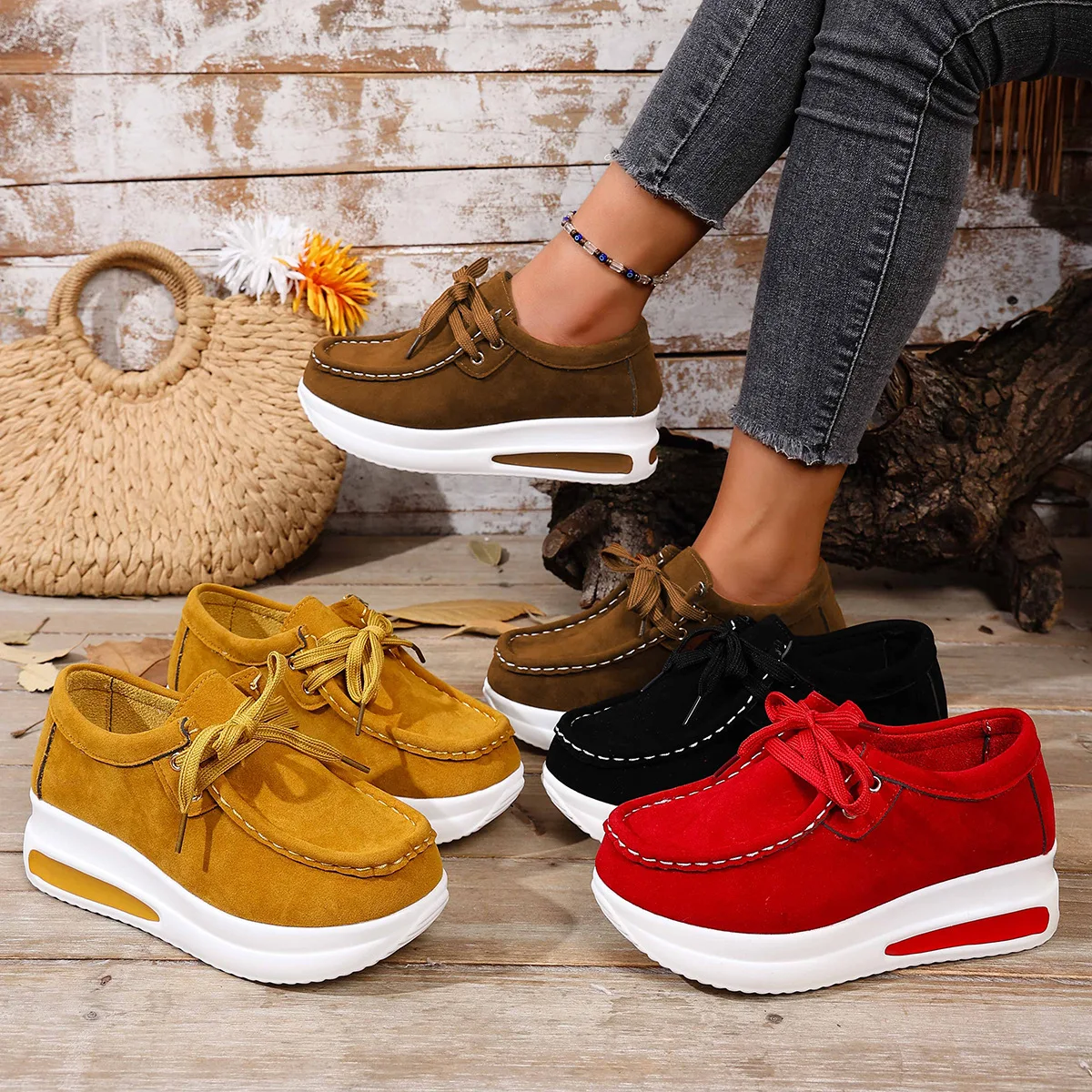 Solid Color Thick Bottom Lace Up Walking Women's Shoes Female Breathable Non Slip Platform Shoes Chunky Sneakers Women