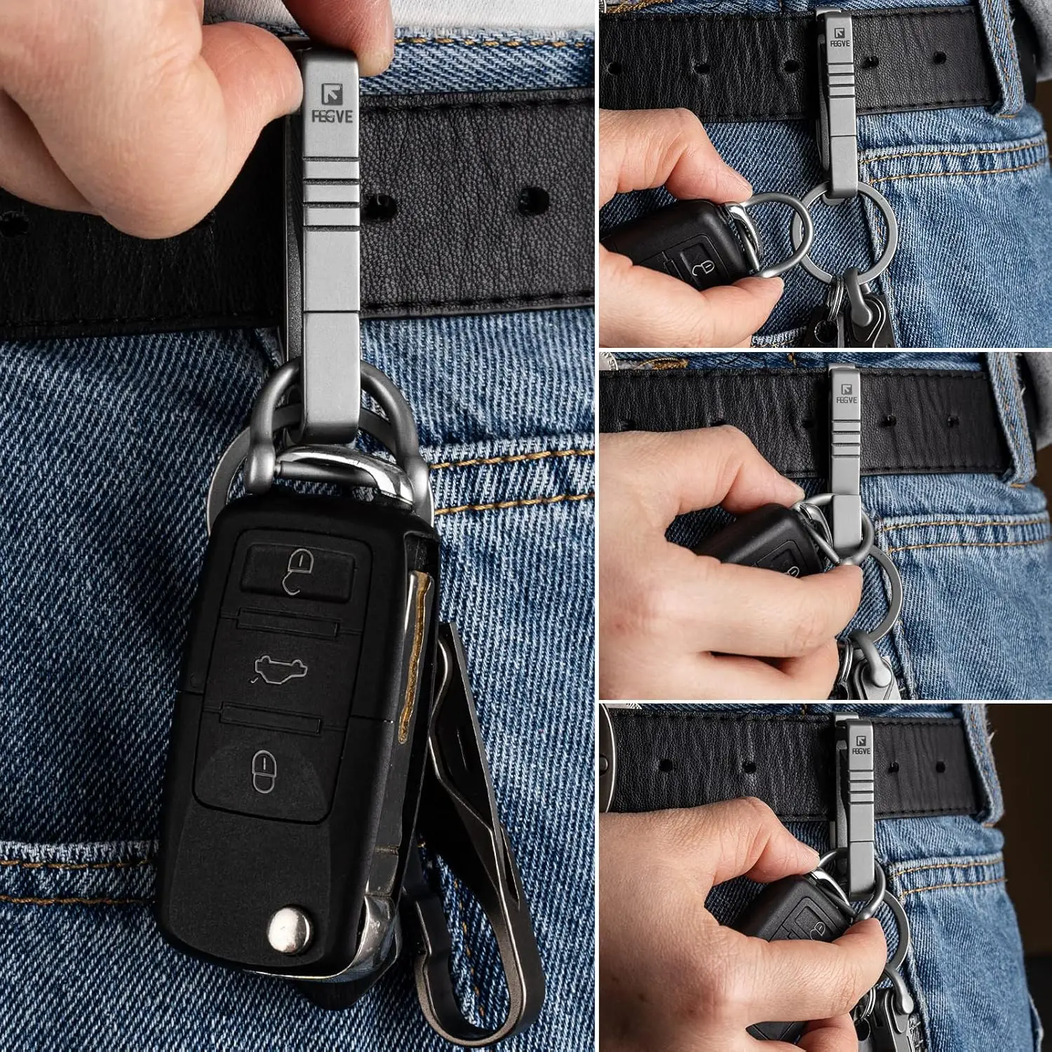 TISUR Titanium Belt Loop Keychain Clip - Detachable Key Holder With Black PVD Coating
