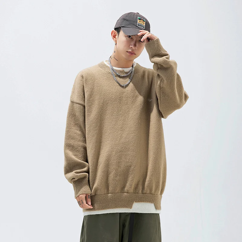 

Retro Contrast Color Fake Two-piece Sweater For Men 2022 Autumn Loose Round Neck Knitted Pullovers Embroidery Y2K Sweaters