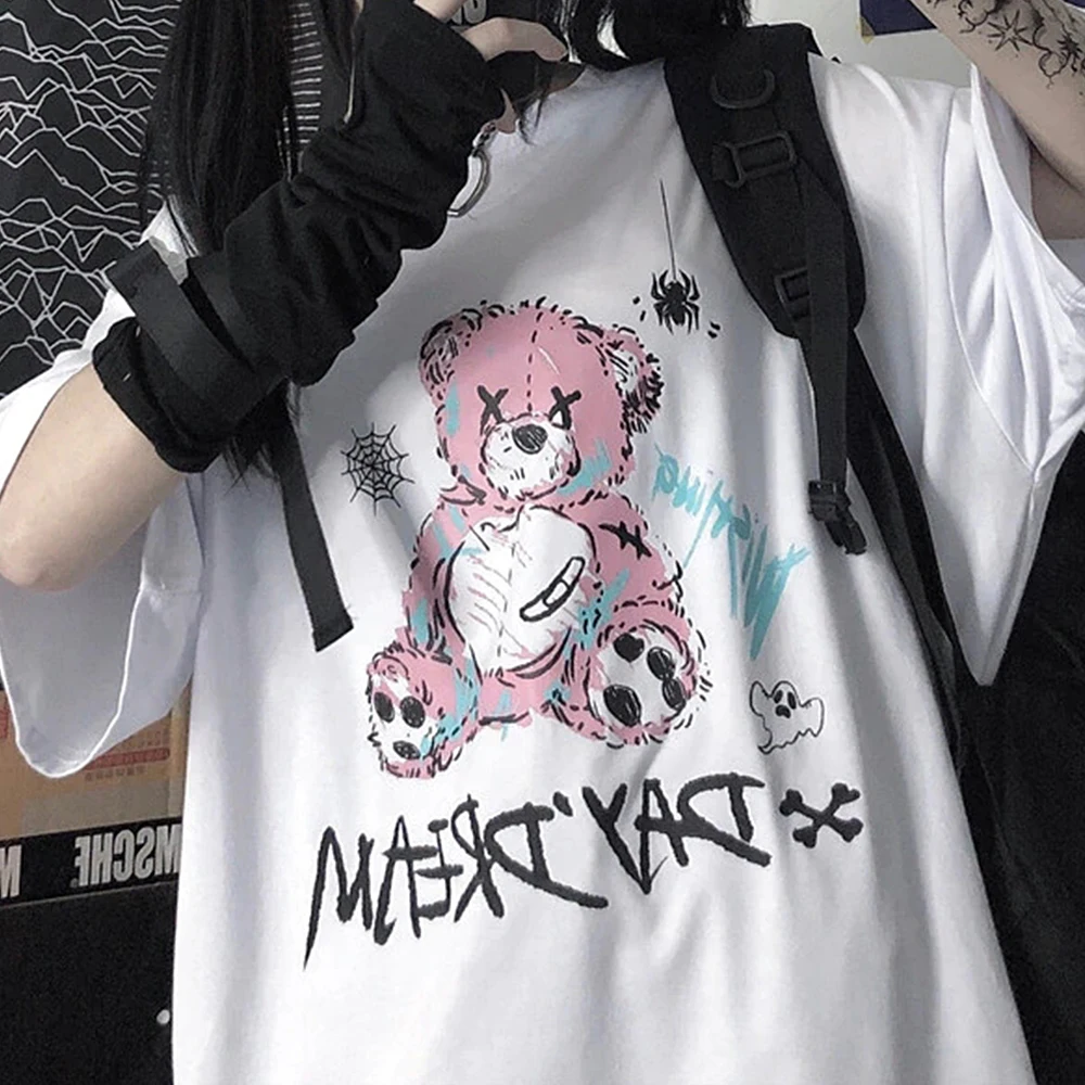 Kawaii женская футболка уличная одежда Y2k топы маленький медведь Готический принт