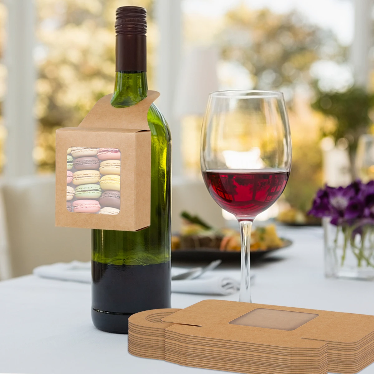 50 Count Wine Bottle Box with Window, Kraft Paper Wine Boxes for Gifts, Hanging Foldable Gift Boxes Bottle Hanger Favor Box for Decoration, Wine Box