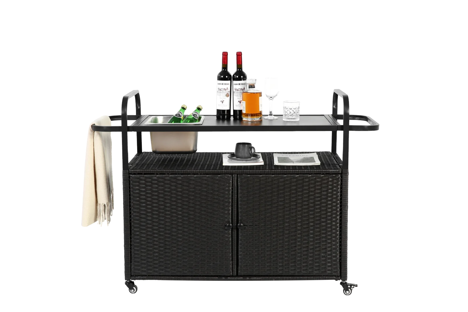 Lazyspace Carro de bar de mimbre con gabinete, mesa de bar al aire libre, carrito de servicio de patio con tapa de acero, con un cubo de hielo, ruedas bloqueables