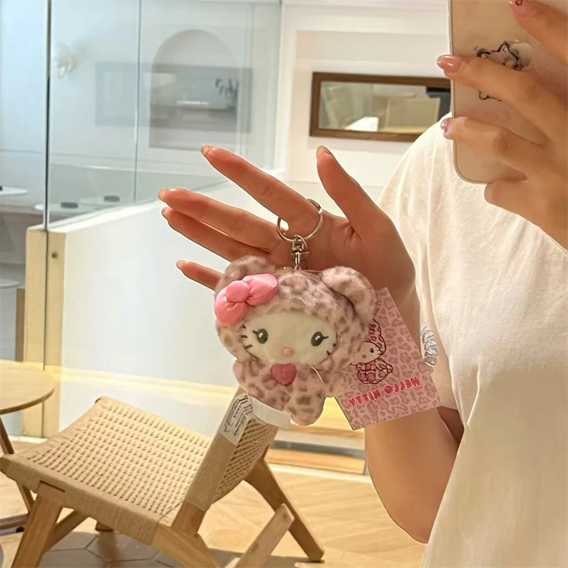 Kawaii Hello Kitty Doll Keychain  Kuromi Cartoon Leopard Print Kt Pendant Stuffed Toys Zipper Decoration Girl Gifts
