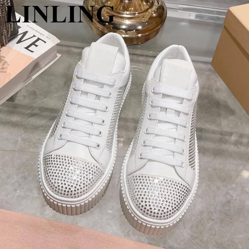 

New Rhinestone Thick Bottom Platform Sneakers Women Luxury Designer Crystal Casual Shoes Ladies Fashion Walking Flat Shoes 2023