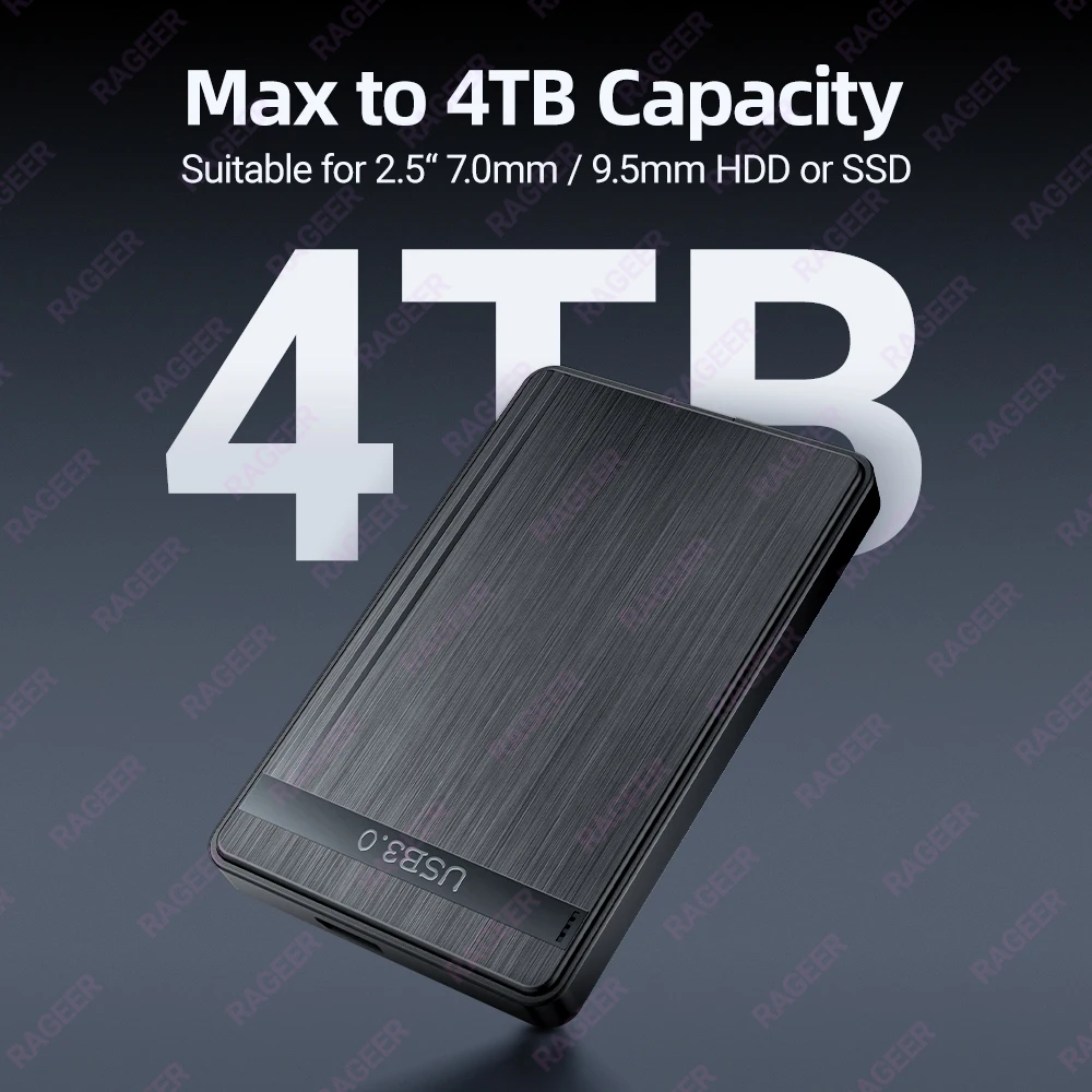RAGEER SATA 외장 하드 디스크 케이스, USB 3.0-SATA 3.0, 2.5 인치 HDD 인클로저, 지지대 UASP, 7mm, 9.5mm 2.5 인치 HDD SSD, 5Gbps