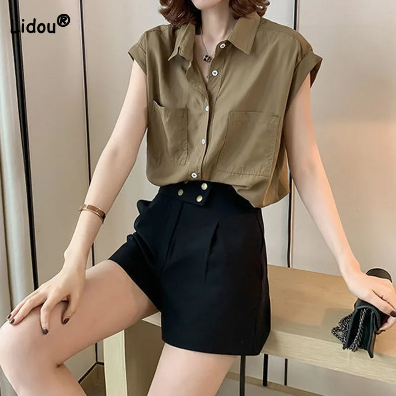 Simplicity All-match Turn-down Collar Solid Color Women's Shirt Summer Korean Loose Sleeveless Button Blouse Female Clothing