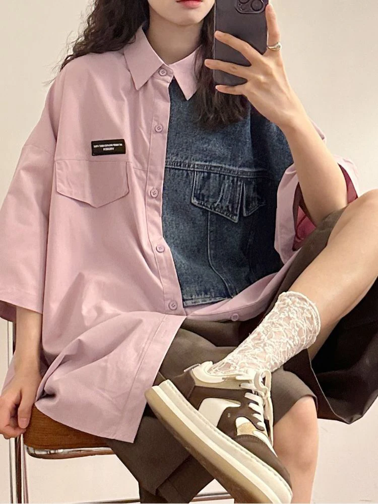 

Блузка Y2k женская в стиле Харадзюку, модная винтажная рубашка контрастных цветов, уличная одежда с коротким рукавом