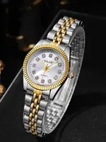 1pcs Women's Fashion Round Room Gold Steel Band Quartz Wristwatch 1