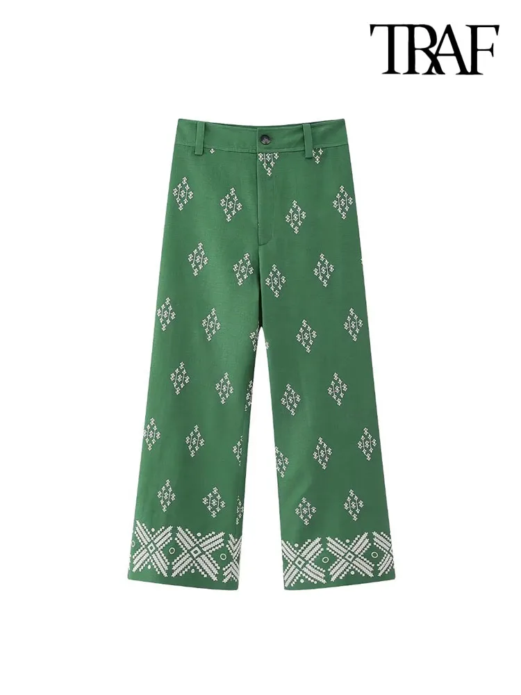 TRAF سراويل مستقيمة عصرية مطرزة من الكتان للنساء بنطلون كاحل عتيق بخصر عالٍ وسحّاب للنساء 3 TRAF سراويل مستقيمة عصرية مطرزة من الكتان للنساء بنطلون كاحل عتيق بخصر عالٍ وسحّاب للنساء 3