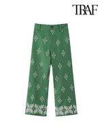 TRAF سراويل مستقيمة عصرية مطرزة من الكتان للنساء بنطلون كاحل عتيق بخصر عالٍ وسحّاب للنساء 1