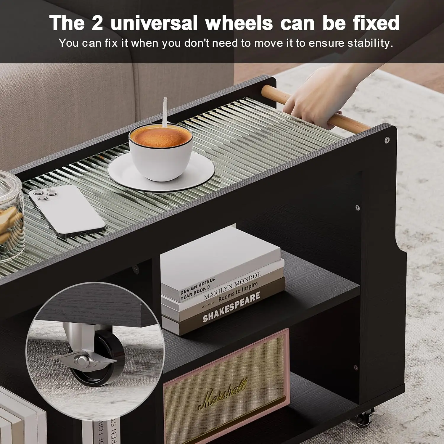 Narrow Side Table with Wheels for Small Spaces, Slim End Table with Magazine Rack & Storage Space, Thin Nightstand