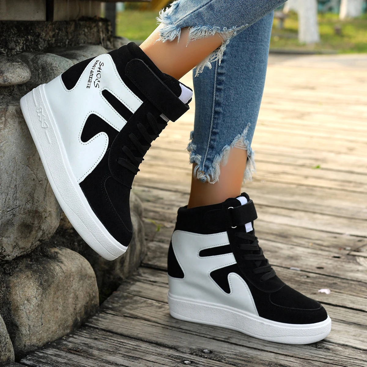 Sneakers Women New High Top Platform Casual Wedges Sneakers Autumn Winter Female Black Internal Increase Vulcanize Women Shoes 5