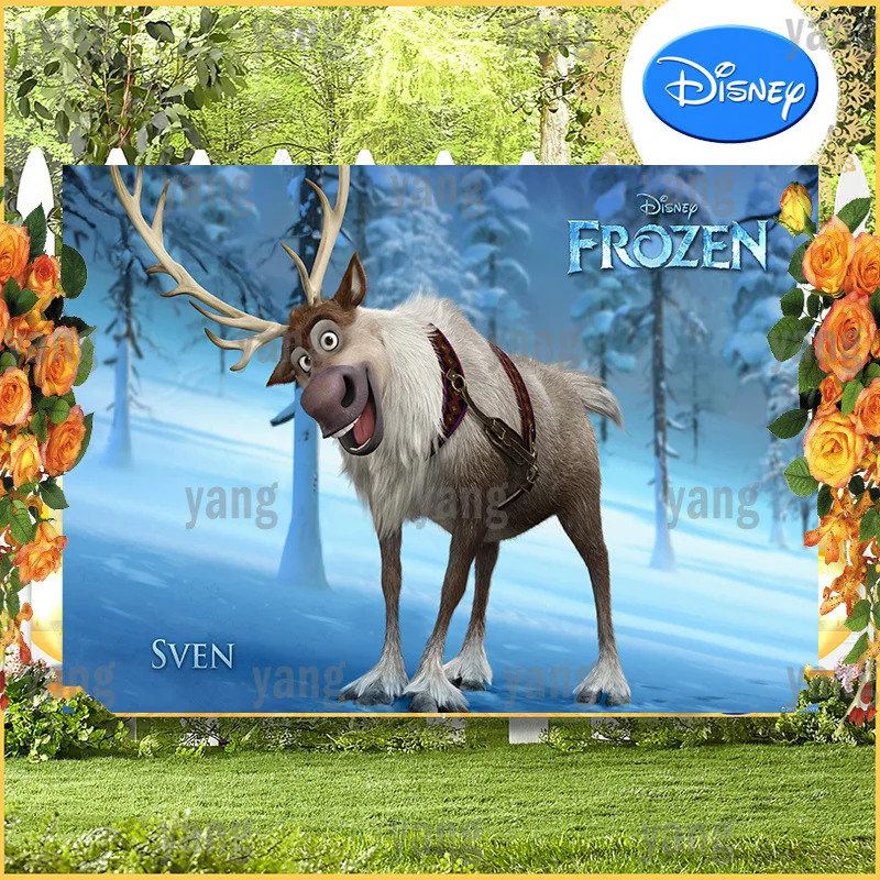 Cartone Animato Personalizzato Disney Frozen Princess Cute Sven Birthday Party Ice Forest Blue Background Decoration Photography Background