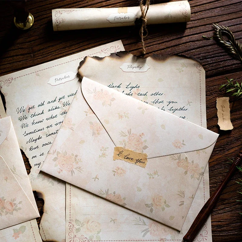 Romantic Floral Envelopes Set Letter Pads Sealing Stickers Invitation Cards Cover for Wedding Party Events Office Supplies 13pcs,kraft paper envelopes