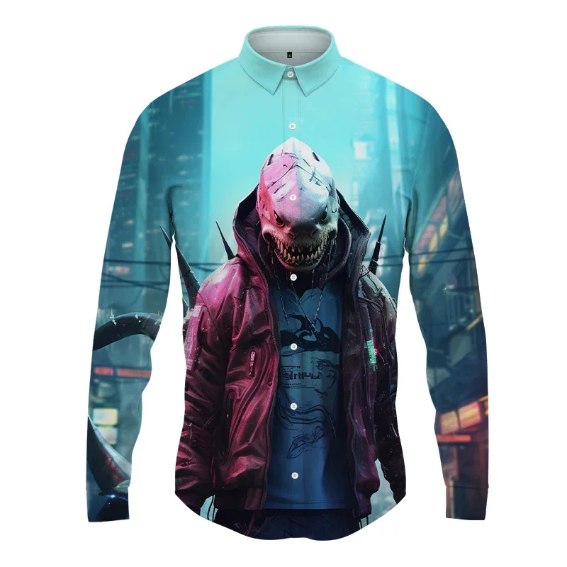 thumbnail image 1 of Camisas de manga larga con estampado 3D de antropomorfismo animal para hombre y mujer, camisas casuales de moda con solapas abotonadas, ropa unisex de gran tamaño, 1 of 5