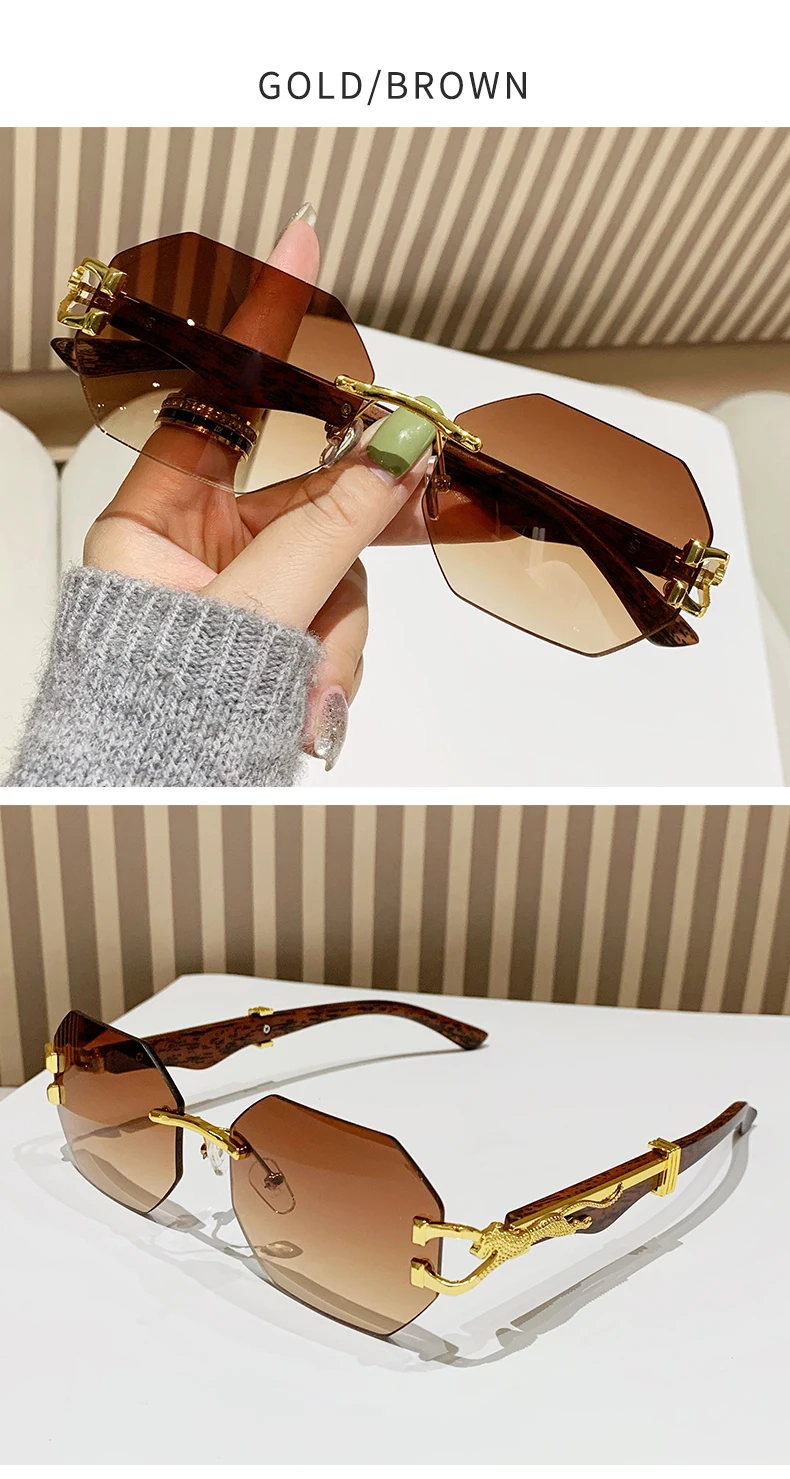 Schutzbrille 2 stücke Randlose Polygon Weibliche Holz Bein Sonnenbrille Frauen Gradienten Objektiv Sonnenbrille Leopard Dekoration Brillen – Detail 12