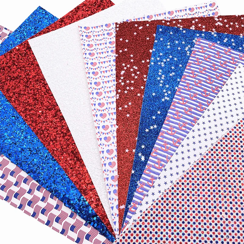 4th July American Printed Smooth Synthetic Leather Dots Printed Glitter Faux Leather Sheets For Bows Glitter Craft Bows L033