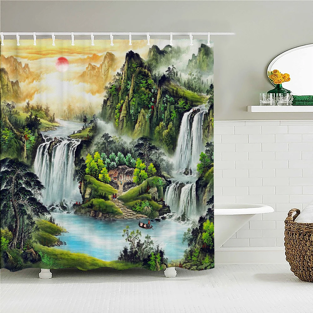 

Chinese Ink Painting landscape Fabric Shower Curtain Waterproof Printing Bath Curtains for Bathroom Decorate with 12 Hooks