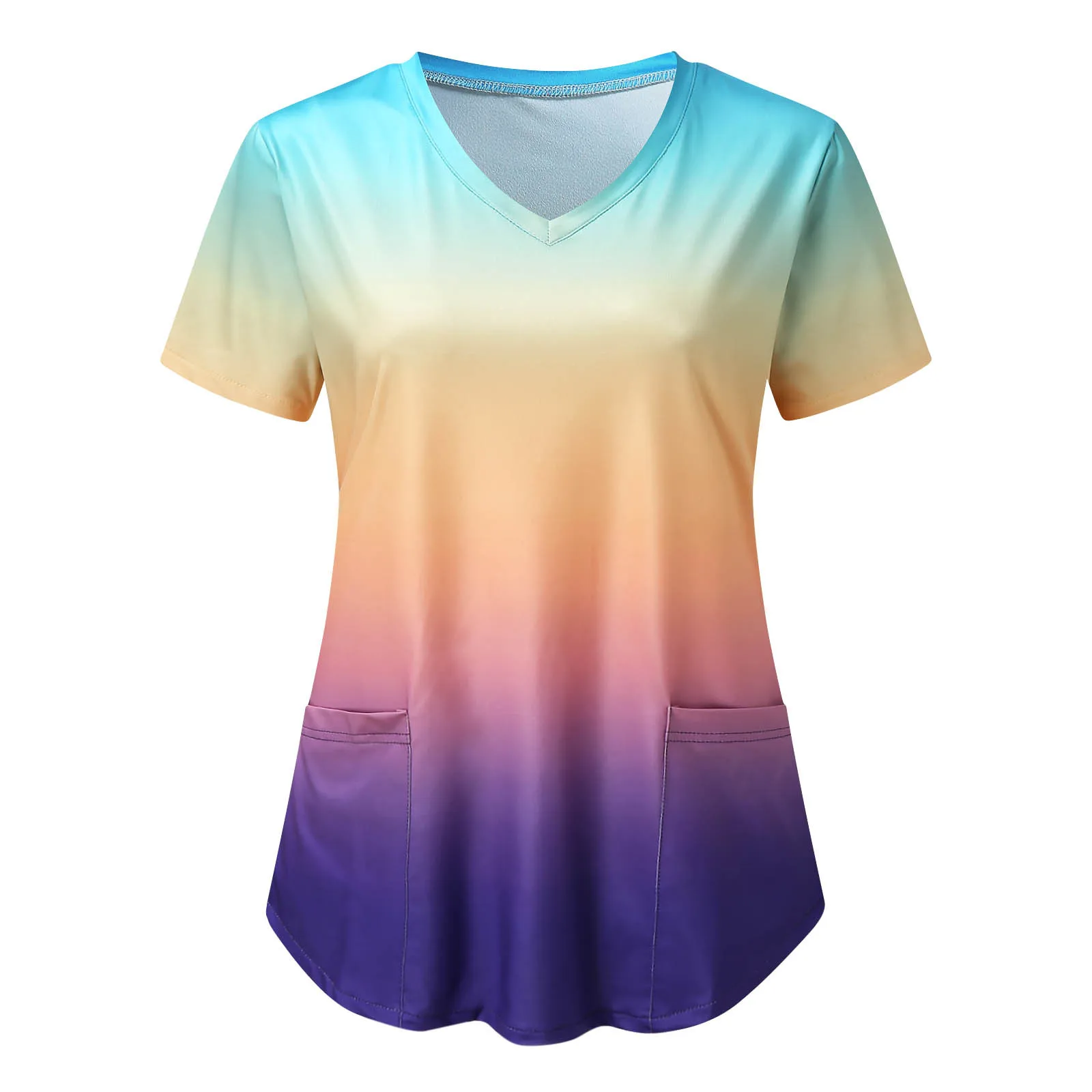 Tunic Scrub Tops Women Gradient Print Nurses Uniform Overalls Pocket Shirt Nursing Medical Healthcare Scrubs Nurse Working Tops