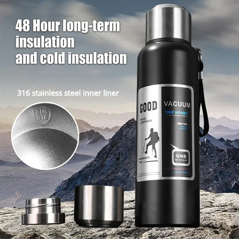 1000ML 316 Stainless Steel Thermos Bottle Large Capacity Outdoor Water Bottle Covered Lifting Rope Tumbler Thermo Bottle
