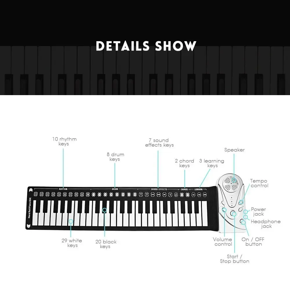 USB Hand Roll Up Piano Portable Folding Electronic Organ Keyboard Instruments 49 Key for Music Lovers Playing Accessories new