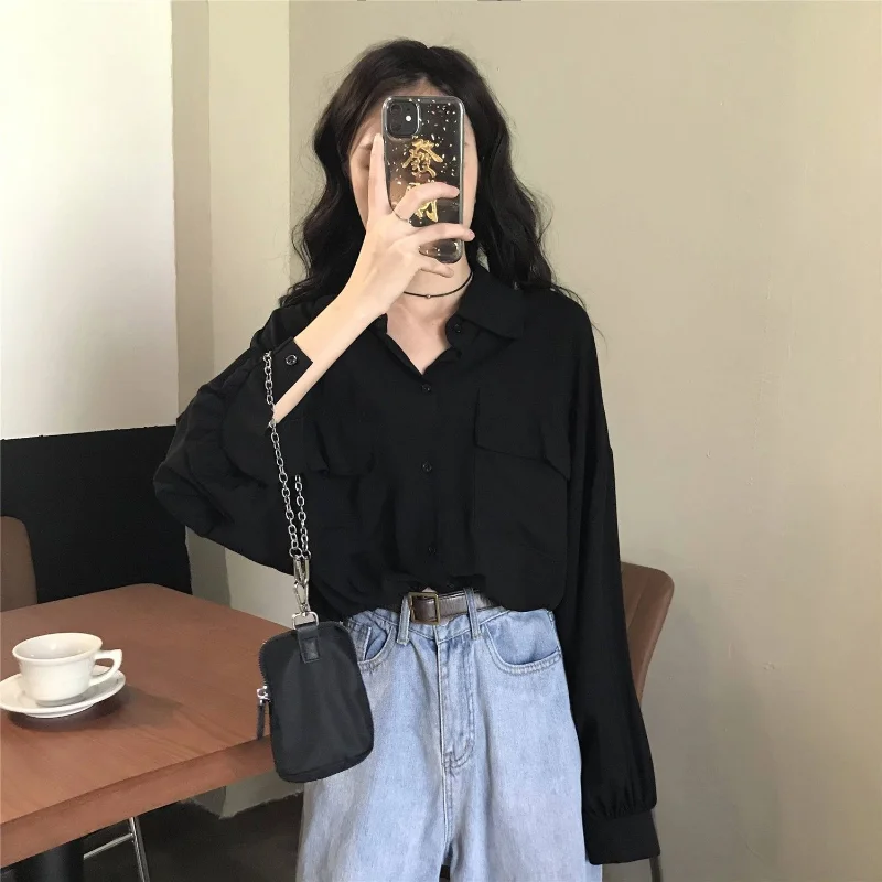 Spring Autumn Women New Clothing Korean Trend Short Drawstring Blouse Long Sleeve Solid Color Loose Shirt Tops Casual Fashion
