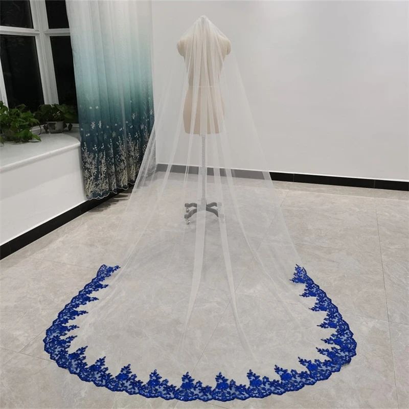 New Royal Blue 3 Meters 3.5M 4M 5M Bling Sequins Lace Long Cathedral Wedding Veil Colorful Bridal Veils with Comb