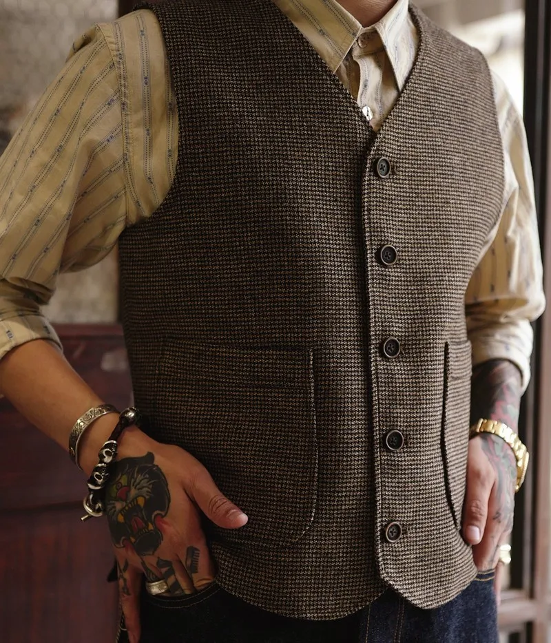 Neue Herbst und Winter American Classic Retro Tweed Hahnentritt Weste Wolle Elegante Tweed Herren Plus Size Casual – Detail 2