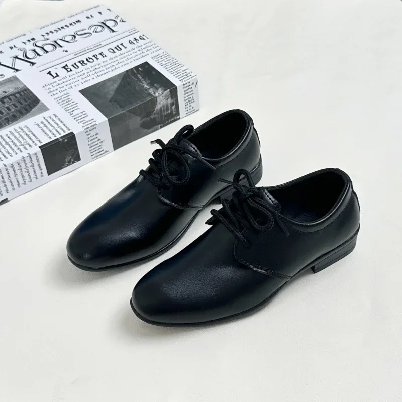 Boy Black School Leather Shoes Pointed Toe Children Lace-up Performance Causal Shoes Spring Autumn Kids Party Low-heels Fashion