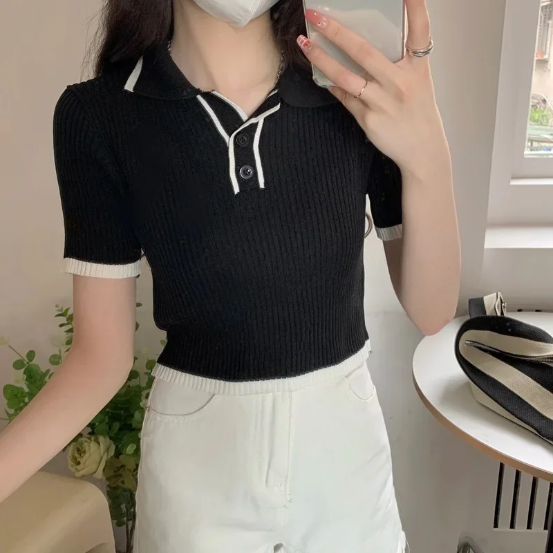 ตัวเลือกสินค้า เสื้อแขนสั้นทรงรัดรูป คอโปโล สีตัดกัน ฤดูร้อน