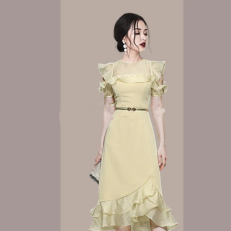 

Fashion Designer Women midi Dress 2022 New Summer O Neck Refreshing Organza Ruffled Elegant Slim Dress With Belt