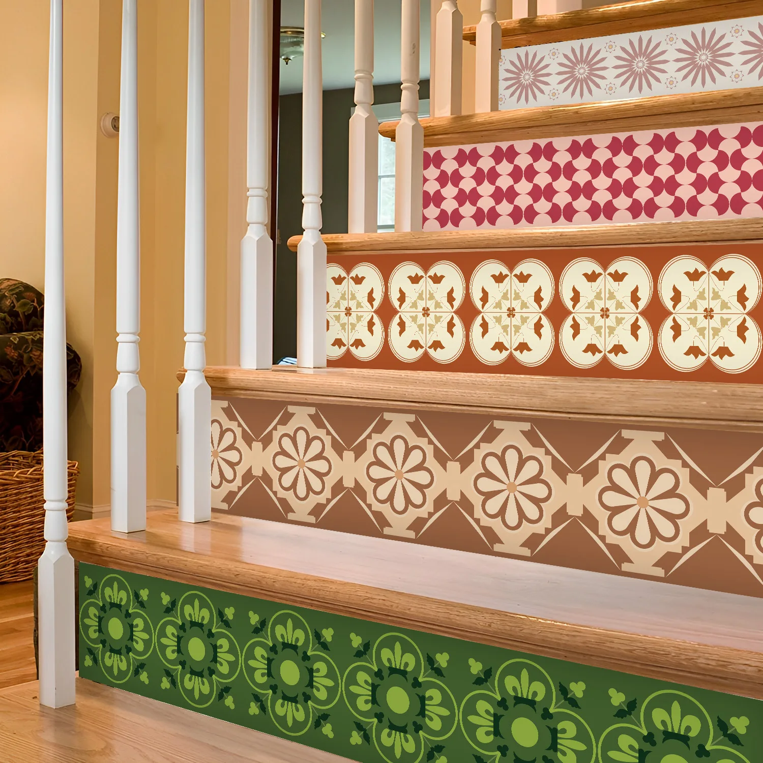 Description Picture 4 of item6PCS Floral Mural Stair Stickers Mural Adhesive Abstract Tiling Decals Stairway Riser Cover Cabinet Refrigerator Wallpaper Decor