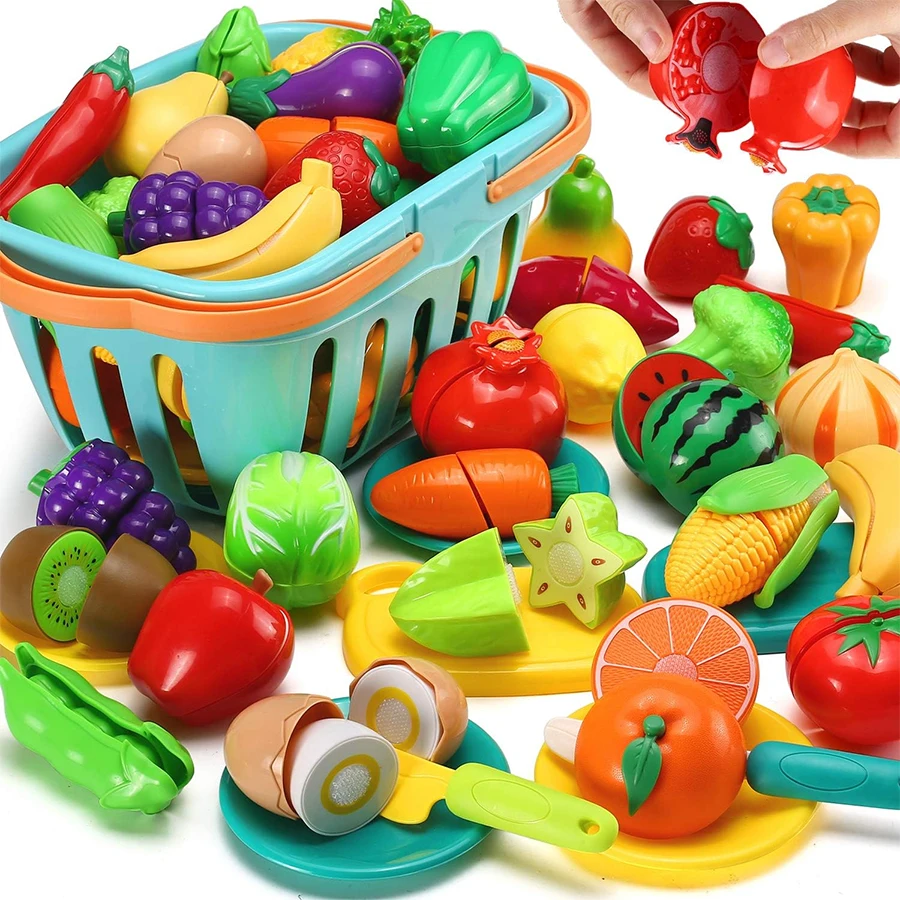 Cutting Play Food Toy for Kids Kitchen, Pretend Fruit &Vegetables Accessories with Shopping Storage Basket, Plastic Mini Dishes