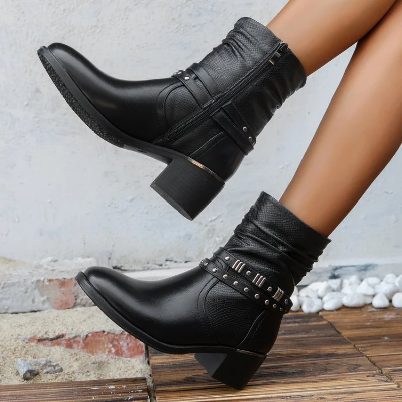 

Women Winter Ankle Boots 2023 New Autumn Retro Fold Black Snake Patterned Chelsea Boots Metal Buckle Thick Heeled Short Boots
