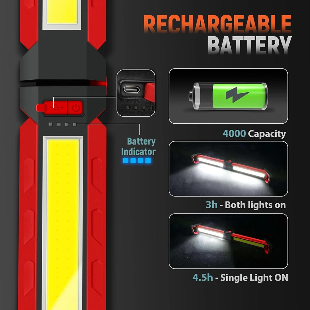 LED Work Light 180&deg; Foldable & Magnetic Underhood Mechanic Light, 4000mAh Rechargeable with Hooks for Car Repair, Emergency