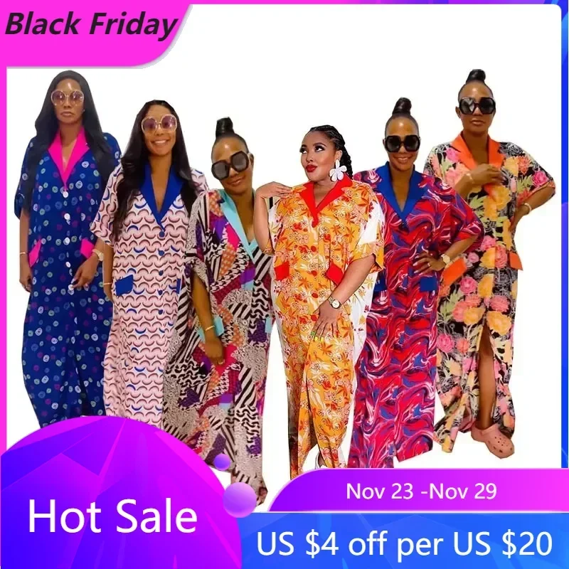 African Plus Size Dresses for Women Autumn V-neck Muslim Fashion Boubou Abaya Robe Ankara Outfits Evening Gown Kaftan Maxi Dress