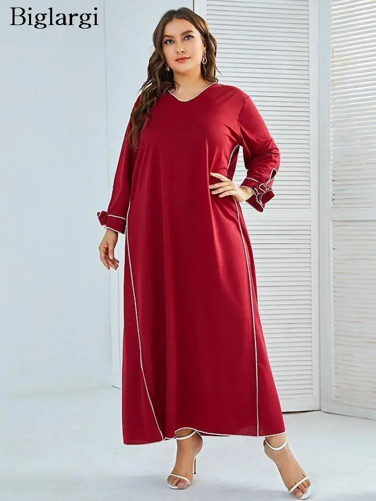 

Plus Size Autumn New Long Robe Dress Women Modis Loose Ruffle Pleated Ladies Dresses Long Sleeve Striped Print Woman Dress 2023