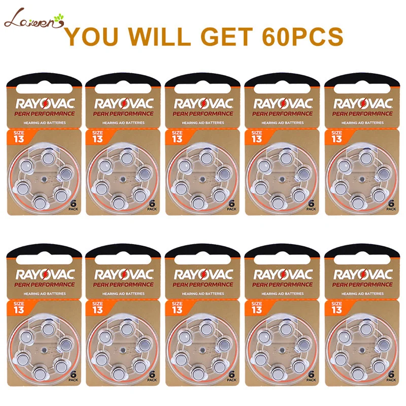 60 PCS Hearing Aid Batteries 10 Cards Zinc Air 1.45V Rayovac Peak A13 13A 13 P13 PR48 For hearing aids