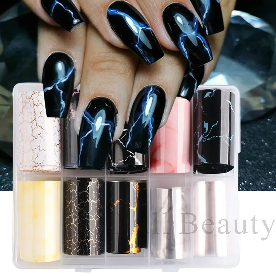 10 Roll/Box Marble Gold Foils Nail Stickers Holographic Iridescent Marble White Black Transfer Paper Decal Manicure Decor SACX04