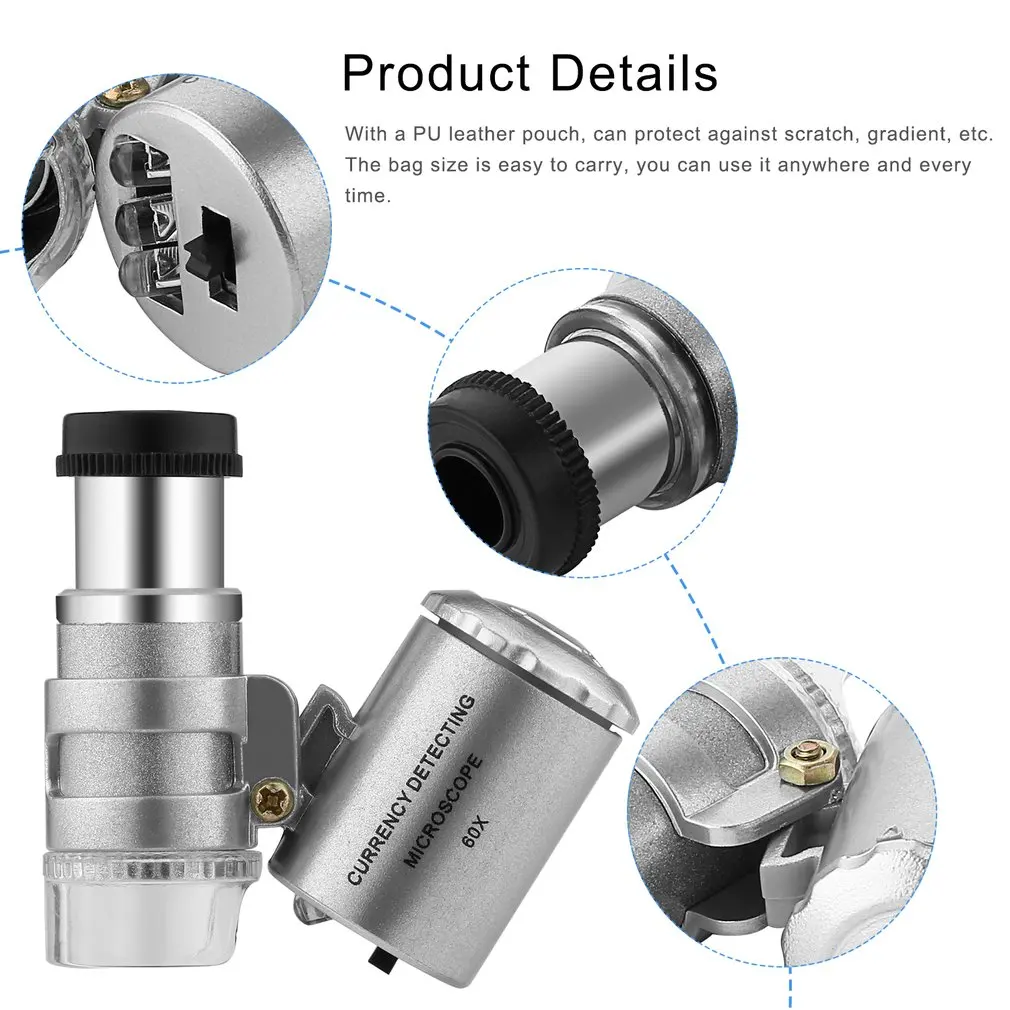 60X Power Mini Portable Handheld Money Tester Currency Detecting Microscope Magnifier Loupe Glass LED Light UV Microscope