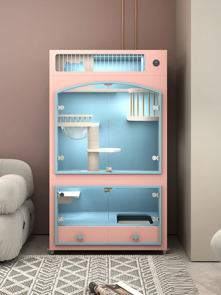 

Luxury cat villa solid wood cat cabinet advanced Mo Landi color cat cage home indoor cat nest cat castle customization